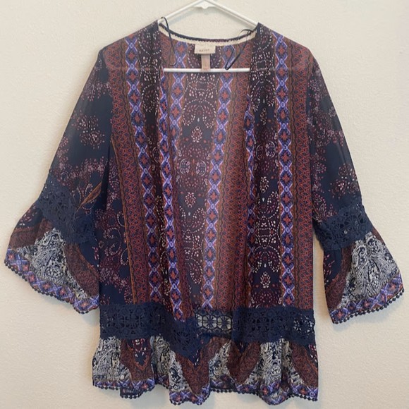 Knox Rose Boho Printed Open Front Chiffon Cardigan L - Picture 1 of 4